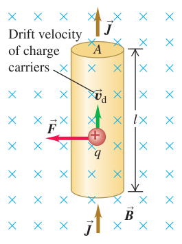 Đoạn dây thẳng mang dòng điện hướng lên trong từ trường đều hướng vào mặt giấy, làm lực từ hướng sang trái
