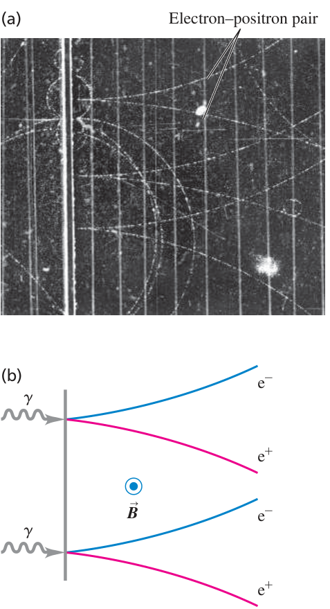 Hình 38.14: (a) Ảnh chụp vết hạt trong buồng bọt ghi nhận các cặp electron–positron sinh ra khi photon 300 MeV bắn vào tấm chì; từ trường hướng ra khỏi mặt ảnh làm hai hạt uốn cong về hai phía ngược nhau. (b) Sơ đồ minh họa quá trình tạo cặp của hai photon gamma.