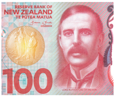 Hình 39.10: Chân dung Ernest Rutherford (1871–1937) trên tờ tiền 100 đô la New Zealand. Ông dành phần lớn sự nghiệp tại Anh và Canada, nhận giải Nobel Hóa học năm 1908 và phát hiện ra hạt nhân nguyên tử.