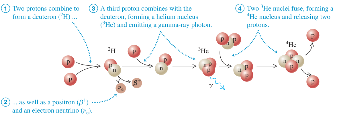 Hình 43.16: Sơ đồ chuỗi phản ứng nhiệt hạch proton-proton tổng hợp heli từ hydro.