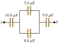 Hình E24.14: Hai tụ 5,0 và 8,0 µF song song, nối tiếp với các tụ 10,0 và 9,0 µF