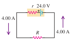 Hình E25.26: Nguồn 24.0 V có điện trở trong r nối tiếp với điện trở R, dòng điện trong mạch là 4.00 A