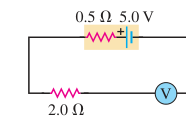 Hình E25.27: Vôn kế lý tưởng mắc nối tiếp trong vòng có điện trở 2.0 Ω và pin 5.0 V với điện trở trong 0.5 Ω