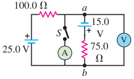 Hình E26.31: Mạch gồm pin 25 vôn, điện trở 100 ôm, nhánh pin 15 vôn với điện trở 75 ôm và đồng hồ