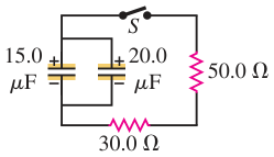 Hình E26.41: Hai tụ mắc song song phóng qua điện trở 50 ohm và 30 ohm nối tiếp