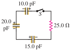 Hình E26.45: Ba tụ pF có dấu cực tính ban đầu nối tiếp với điện trở 25 ohm và công tắc