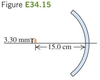 Hình E34.15: Hạt nằm trước mặt lõm của vỏ cầu mỏng. Khoảng 15,0 cm được đo đến đỉnh mặt phản xạ, không đến tâm cong.