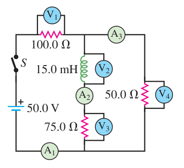 Hình P30.58: Nguồn 50,0 V cấp qua điện trở 100,0 ohm cho hai nhánh là 50,0 ohm và cuộn 15,0 mH nối tiếp điện trở 75,0 ohm.