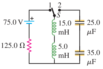 Hình P30.66: Hai cuộn 15,0 mH và 5,0 mH nối tiếp được chuyển từ mạch nguồn sang hai tụ 25,0 và 35,0 microfarad nối tiếp.
