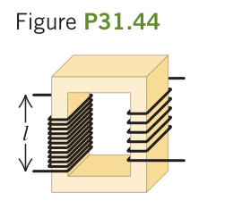 Hình P31.44: Mô hình máy biến áp với lõi sắt từ hình chữ nhật, cuộn sơ cấp và cuộn thứ cấp