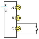 Hình Q26.16: Ba bóng A, B, C mắc nối tiếp, công tắc tạo đường nối tắt qua bóng C