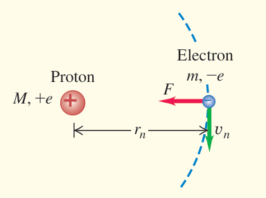 Sơ đồ tổng kết: Electron trong mô hình Bohr chịu lực hút về proton. Bán kính, tốc độ và mômen động lượng nhận những giá trị được phép của mô hình.