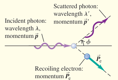 Sơ đồ tổng kết: Photon tán xạ đổi hướng và bước sóng, còn electron nhận động lượng giật lùi. Tổng động lượng trước và sau tương tác được bảo toàn.